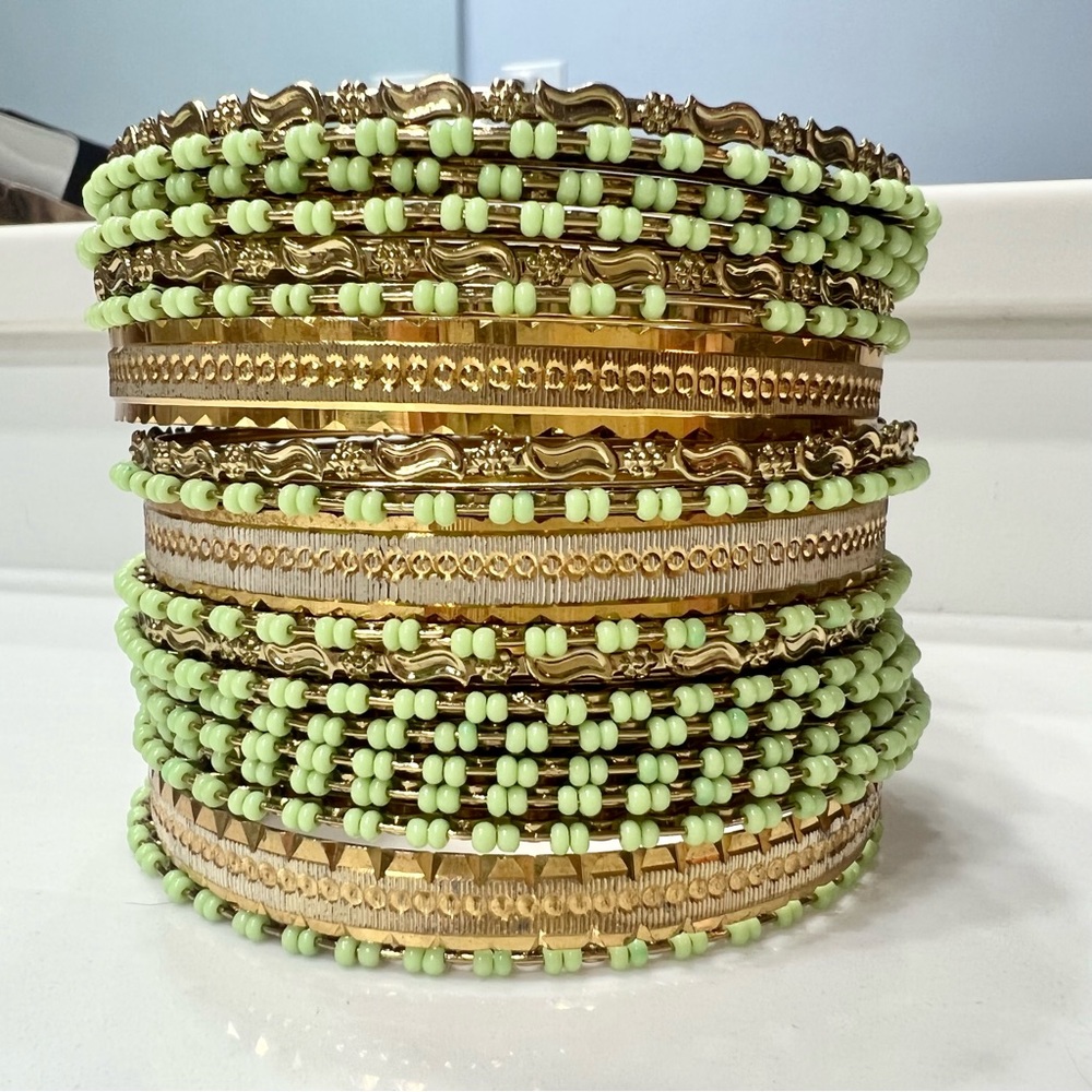 Boho Gold Bangle Bracelet Set with Green Beads